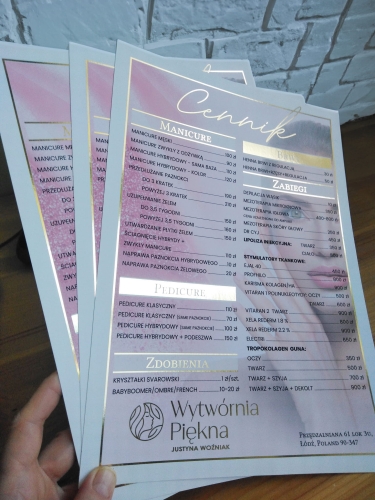 Cennik A4 Premium, ze złoceniem, złocenie na płasko 2D, projekt cennika, cennik gold premium, cennik dla salonu beauty,  elegancki cennik usług, projekt glamour beauty,  cennik glamour, cennik soft touch, cennik gold