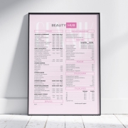 cennik salonu kosmetycznego, plakat beauty, makijaż permanentny cennik, stylizacja paznokci cennik, grafika do salonu kosmetycznego, elegancki cennik usług, projekt glamour beauty, plakat do gabinetu kosmetycznego, szablon cennika