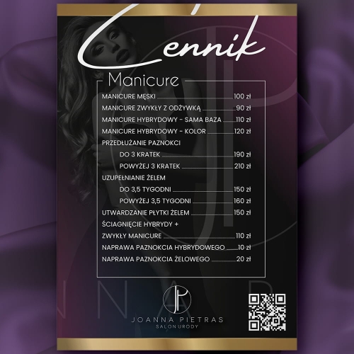 cennik salonu kosmetycznego, plakat beauty, makijaż permanentny cennik, stylizacja paznokci cennik, grafika do salonu kosmetycznego, elegancki cennik usług, projekt glamour beauty, plakat do gabinetu kosmetycznego, szablon cennika