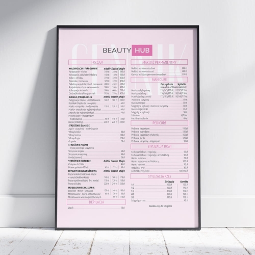 cennik salonu kosmetycznego, plakat beauty, makijaż permanentny cennik, stylizacja paznokci cennik, grafika do salonu kosmetycznego, elegancki cennik usług, projekt glamour beauty, plakat do gabinetu kosmetycznego, szablon cennika
