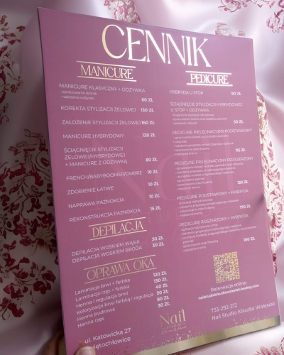 Cennik A4 Premium, ze złoceniem, złocenie na płasko 2D, projekt cennika, cennik gold premium, cennik dla salonu beauty,  elegancki cennik usług, projekt glamour beauty,  cennik glamour, cennik soft touch, cennik gold