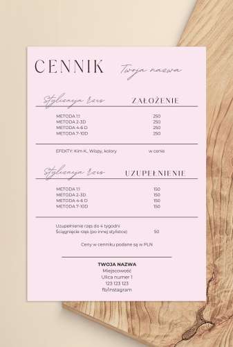 cennik salonu kosmetycznego, plakat beauty, makijaż permanentny cennik, stylizacja paznokci cennik, grafika do salonu kosmetycznego, elegancki cennik usług, projekt glamour beauty, plakat do gabinetu kosmetycznego, szablon cennika