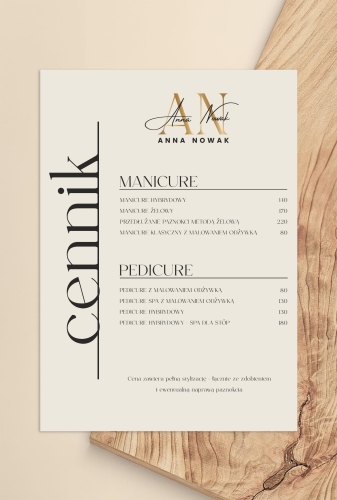 cennik salonu kosmetycznego, plakat beauty, makijaż permanentny cennik, stylizacja paznokci cennik, grafika do salonu kosmetycznego, elegancki cennik usług, projekt glamour beauty, plakat do gabinetu kosmetycznego, szablon cennika