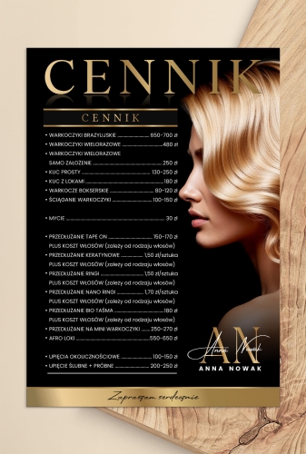 cennik salonu kosmetycznego, plakat beauty, makijaż permanentny cennik, stylizacja paznokci cennik, grafika do salonu kosmetycznego, elegancki cennik usług, projekt glamour beauty, plakat do gabinetu kosmetycznego, szablon cennika