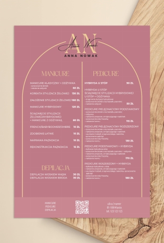 cennik salonu kosmetycznego, plakat beauty, makijaż permanentny cennik, stylizacja paznokci cennik, grafika do salonu kosmetycznego, elegancki cennik usług, projekt glamour beauty, plakat do gabinetu kosmetycznego, szablon cennika
