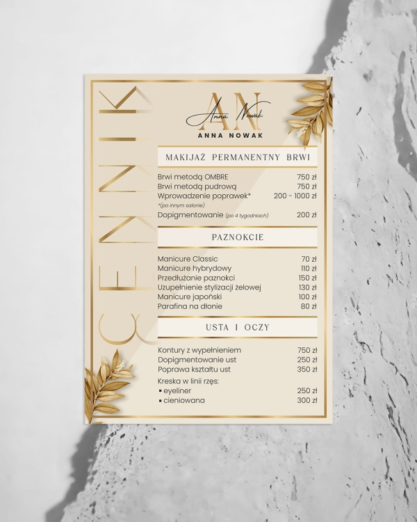cennik salonu kosmetycznego, plakat beauty, makijaż permanentny cennik, stylizacja paznokci cennik, grafika do salonu kosmetycznego, elegancki cennik usług, projekt glamour beauty, plakat do gabinetu kosmetycznego.